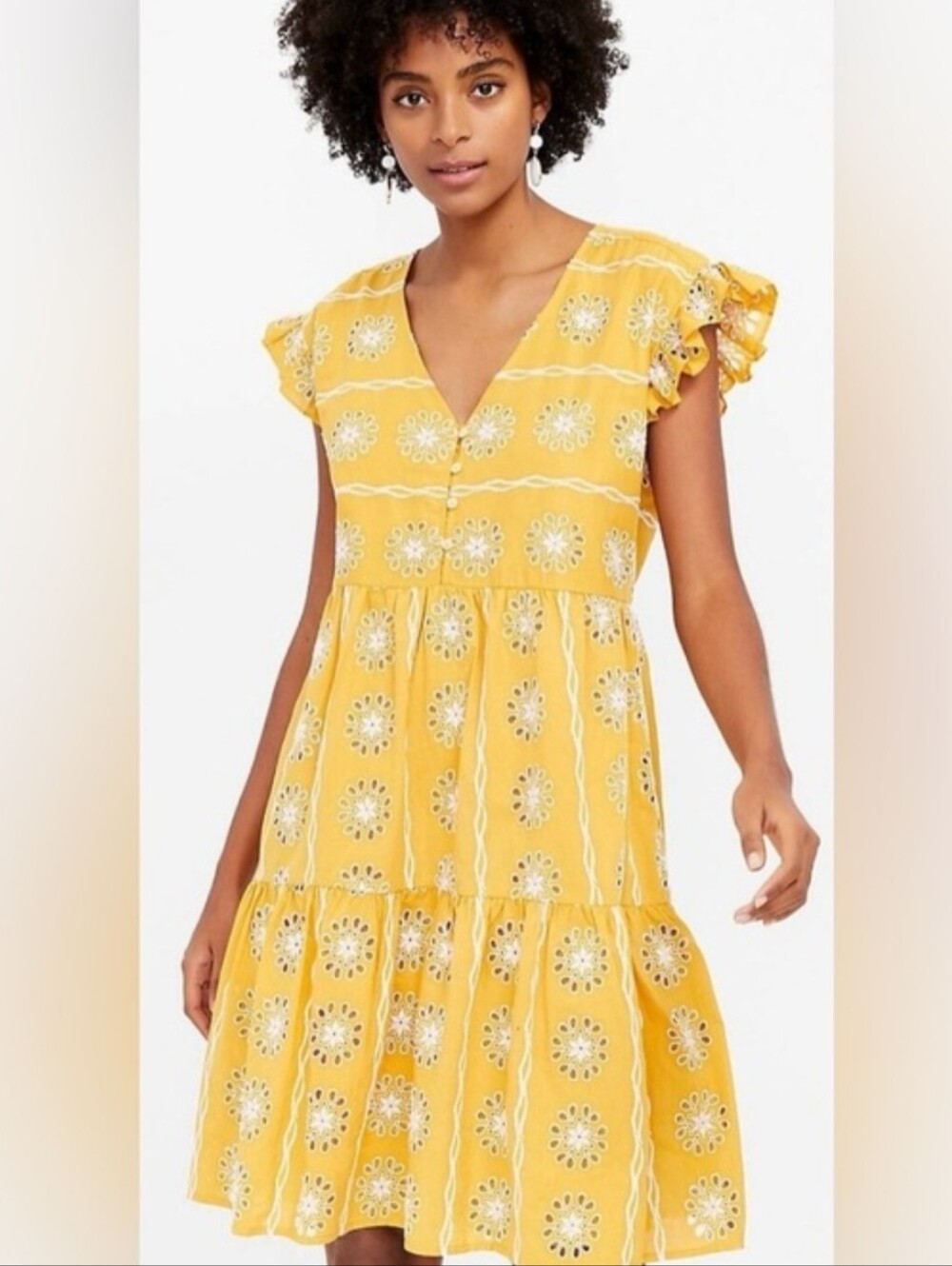 Loft Eyelet Mustard yellow Embroidered Dress Oversized Small Ruffle Floral